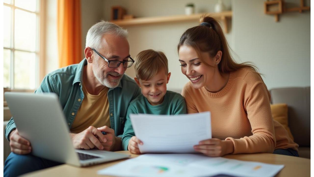 Familia revisando finanzas y planeando su futuro